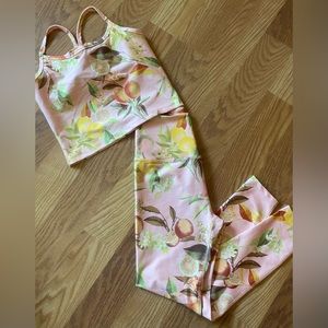 New Beyond Yoga Brand Matching Leggings & Cropped Tank Set Pink Lemonade Print M